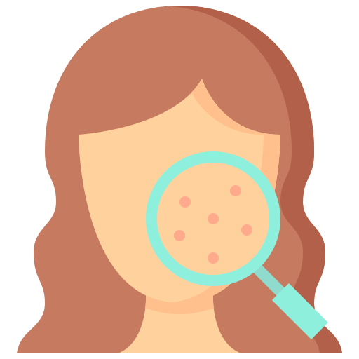 Illustration of a person with long brown hair holding a magnifying glass over their face, highlighting small red acne spots.