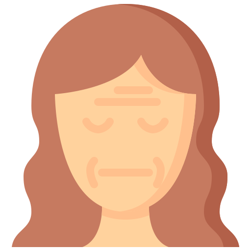 Illustration of a person with long brown hair showing facial wrinkles on their forehead and around the mouth, depicting signs of aging skin.