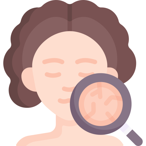 Illustration of a person with curly hair using a magnifying glass to show dry, flaky skin texture.