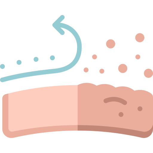 Illustration of a skin surface with dead skin cells being removed, symbolized by small dots being swept away.